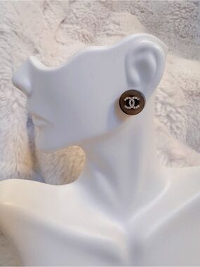 Chanel Black Acrylic CC Ear Studs with Crystals
